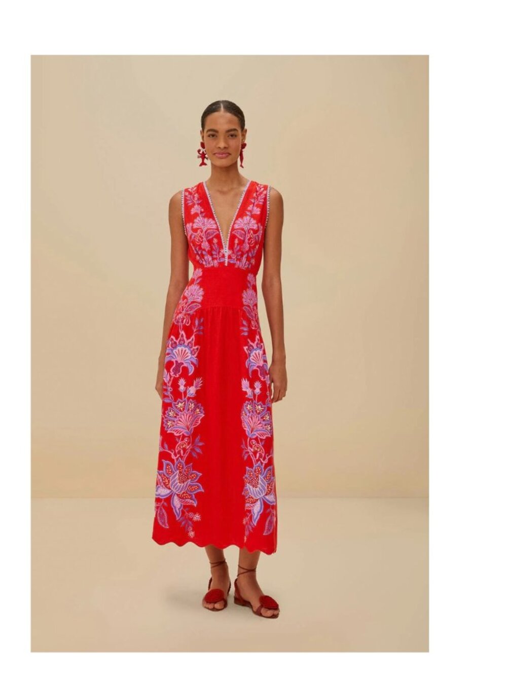 Farm Rio Red Porcelain Garden Euroflax™ Premium Linen Midi Dress
